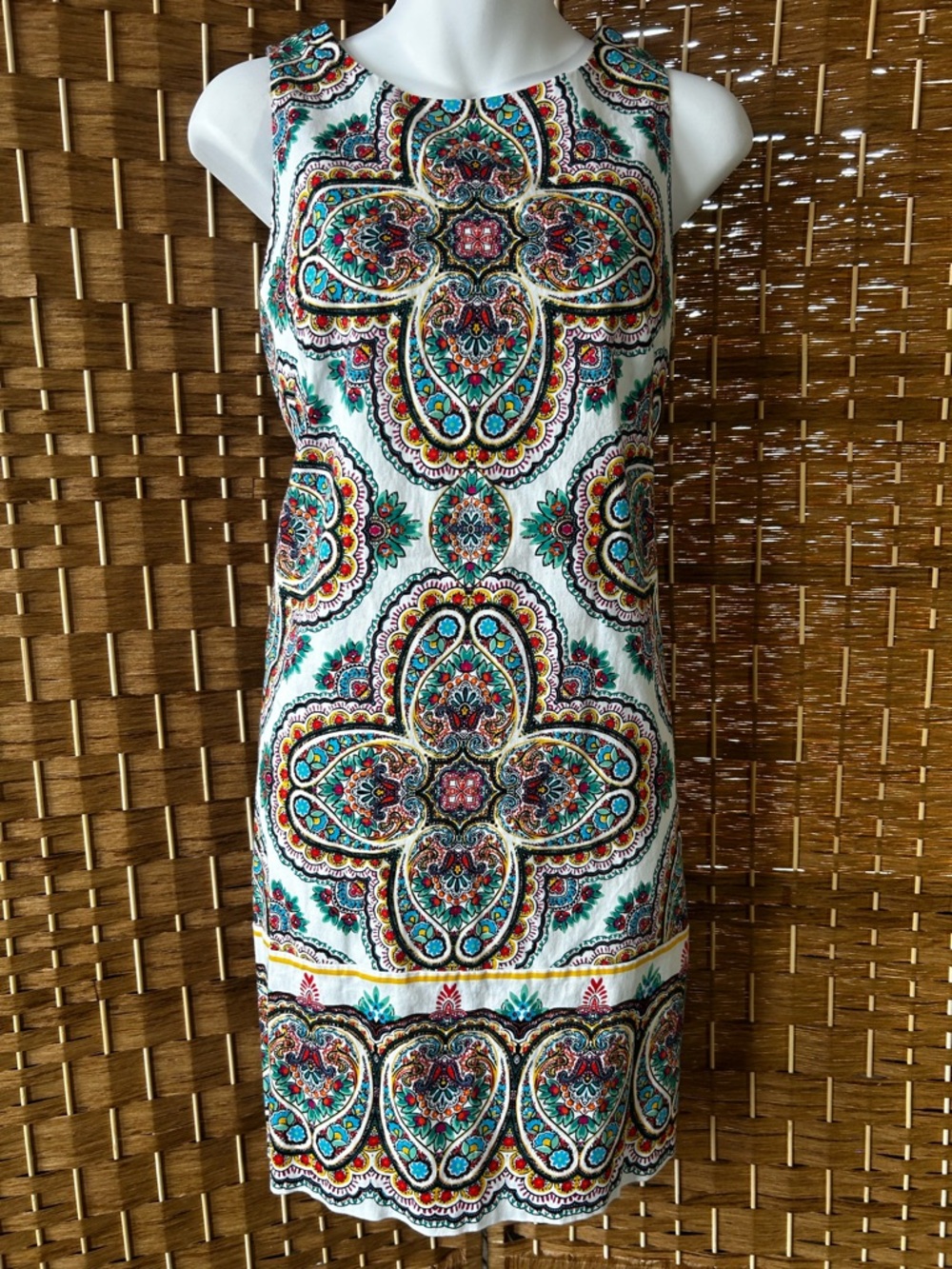 Colorful Paisley Medallion Shift Dress Cotton Stretch Sleeveless Size 10 Career